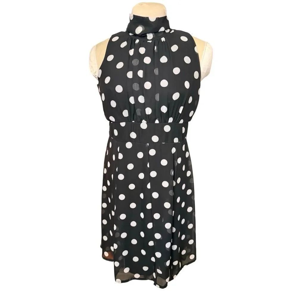 ILE New York Polka Dot Sleeveless High Tie Neck Dress Sz. 10 Party Wedding